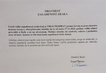 Obavještenje za učenike i roditelje -zagađenost zraka