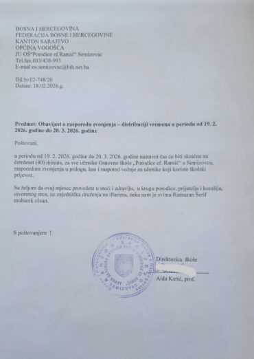 Obavještenje o rasporedu zvonjenja i redu vožnje đačkih autobusa od 19.02. do 20.3.2026.godine