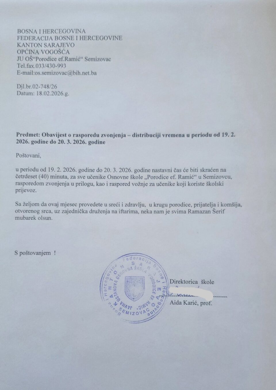 Obavještenje o rasporedu zvonjenja i redu vožnje đačkih autobusa od 19.02. do 20.3.2026.godine